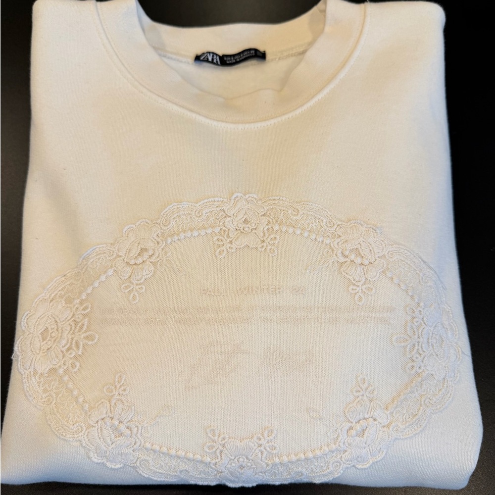 ZARA Cream Sweatshirt with Lace Embroidery | Size S | New Without Tags